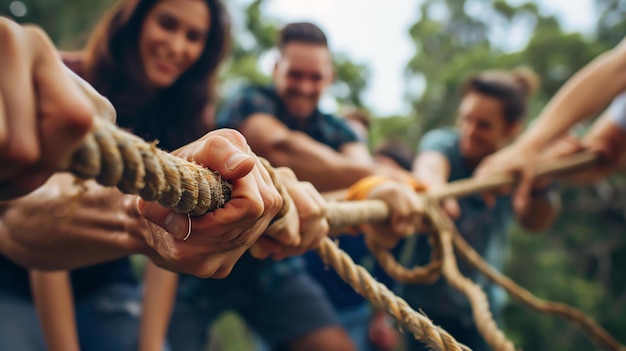 Foto un gruppo di amici sta tenendo una competizione di tiro alla fune nella foresta.