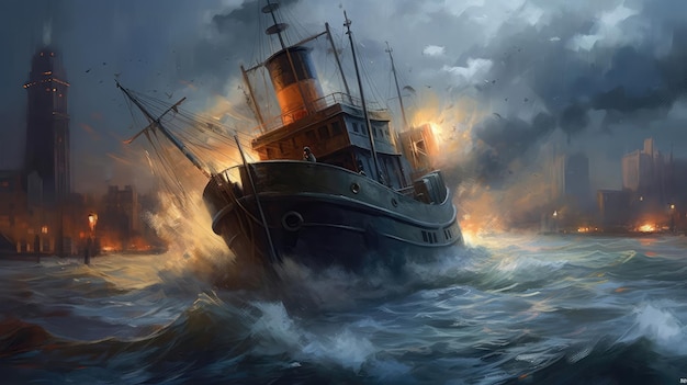 Tugboat Crashes In A Storm Generative AI