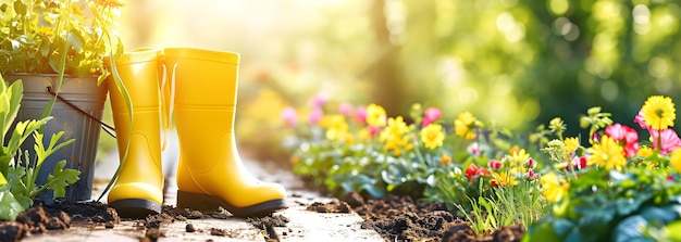 Tuin achtergrond met bloempotten gele laarzen in zonnige lente of zomer tuin