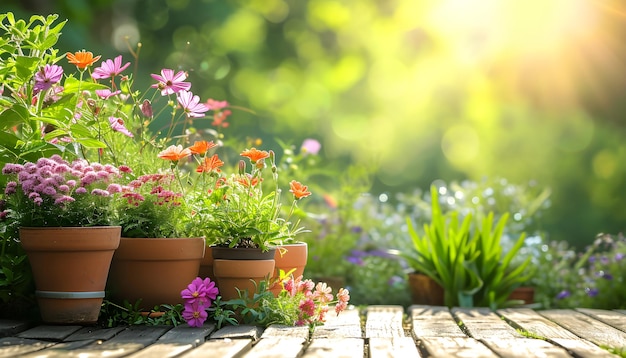 Foto tuin achtergrond met bloempotten in een zonnige lente- of zomertuin