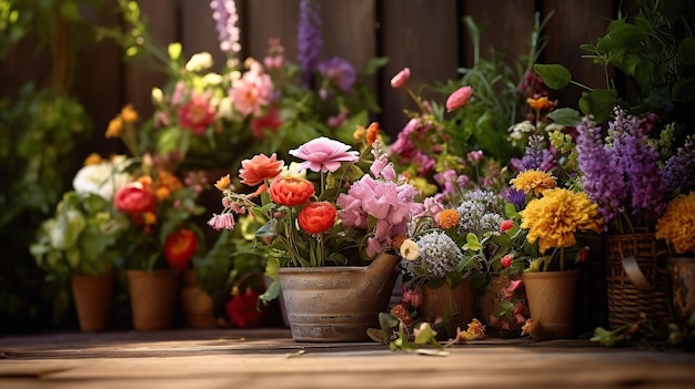 Tuin bloemen op houten tafel achtergrond generatieve AI