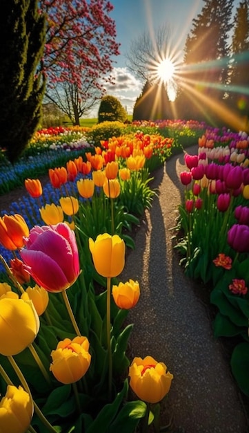 Tuin gevuld met veel kleurrijke bloemen generatieve ai