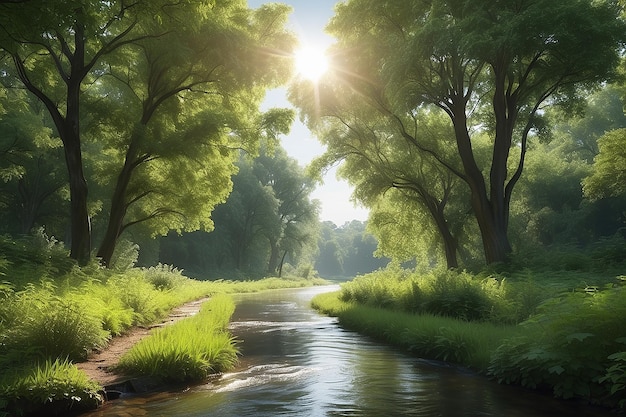 Tuin in het bos weelderige groene boom een rechte weg en stromend water de zon schijnt aan de voorkant