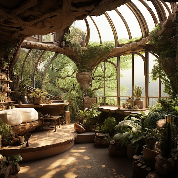 Tuin in woonkamer bosontwerp Toekomstige boomhuis onroerend goed en ecologie concept
