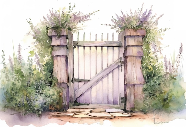 tuin met hek waterverf illustratie