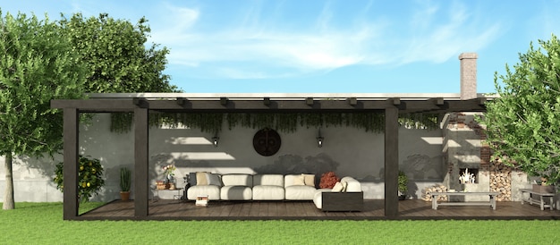 Tuin met houten pergola