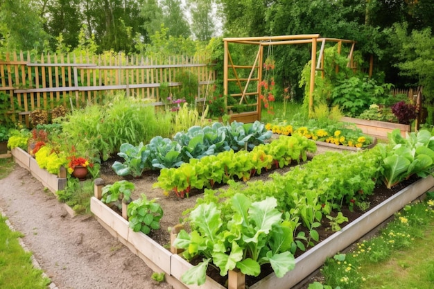 Tuin met verhoogde groente- en bloemperken omgeven door houten hek gemaakt met generatieve ai