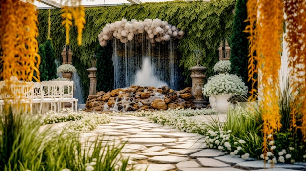 Tuin met waterval en witte stoel er middenin Generatieve AI