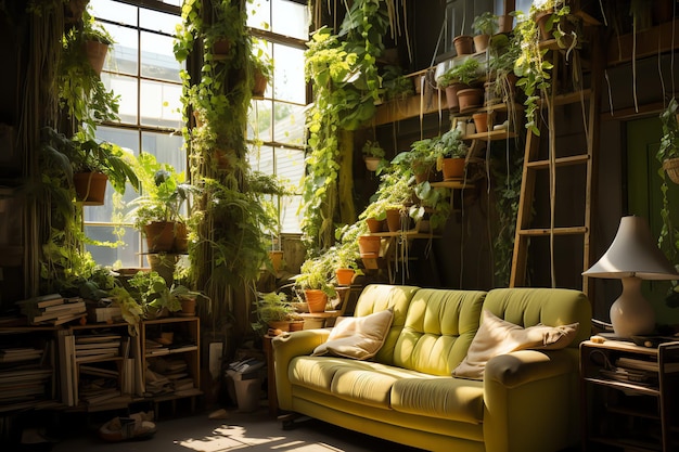 Tuin of gigantische plant overwoekerd appartement binnen Stijl van woonkamerontwerp met groene muur