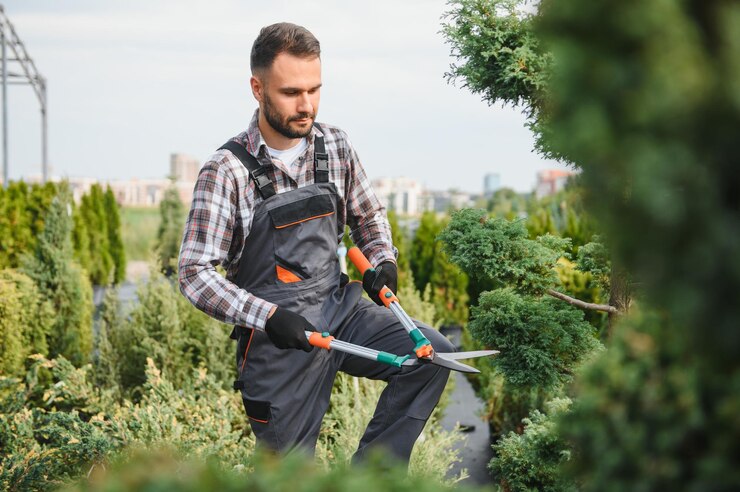 Tuin snoeien Werken om het uiterlijk van struiken struiken bomen en andere planten te behouden Professionele landschapswerker Het snijden van de overgroeide takken en bladeren met tuinschaar