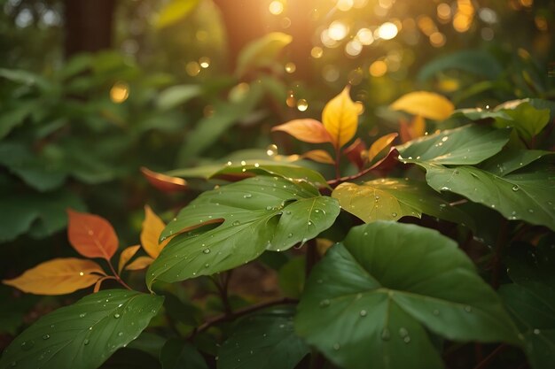 Tuinbladeren na de regen bij zonsondergang