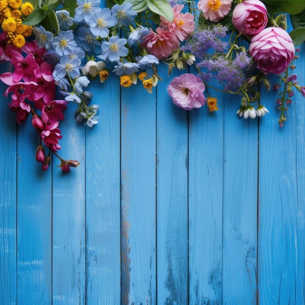 Tuinbloemen over blauwe houten tafel achtergrond achtergrond met kopieerruimte