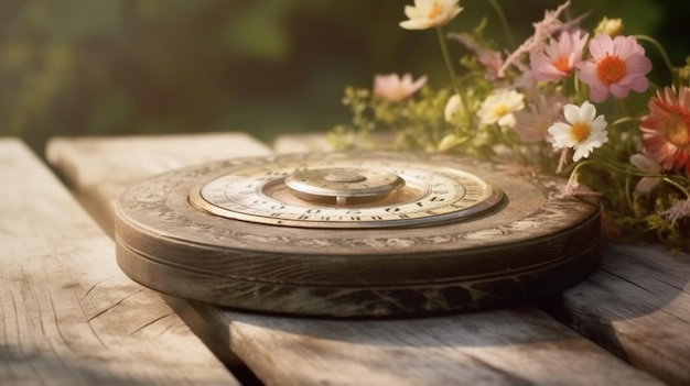 Tuinbloemen over zonnewijzer houten tafel achtergrond Generatieve AI