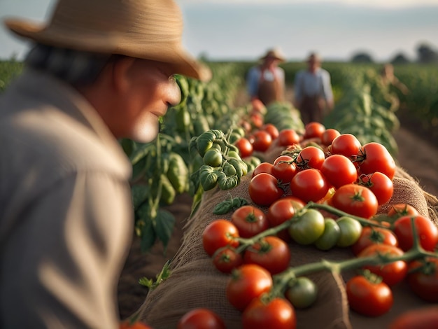 Tuinders plukken tomaten op het veldGeneratieve AI