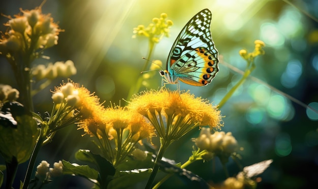 Tuinelegantie Vlinder rust op ochtendbloesems, badend in zacht ochtendlicht, delicaat natuurlijk moment