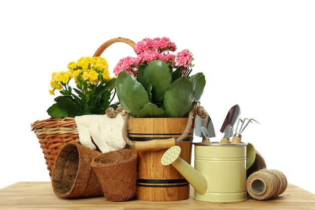 Tuingereedschap en accessoires op houten tafel geïsoleerd op een witte achtergrond