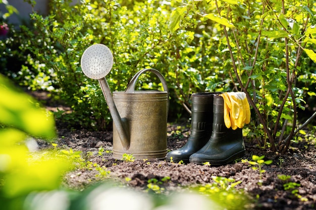 Tuingereedschap en bloemen in de tuin zoals gieter rubberen laarzen vazen potten rubberen handschoenen