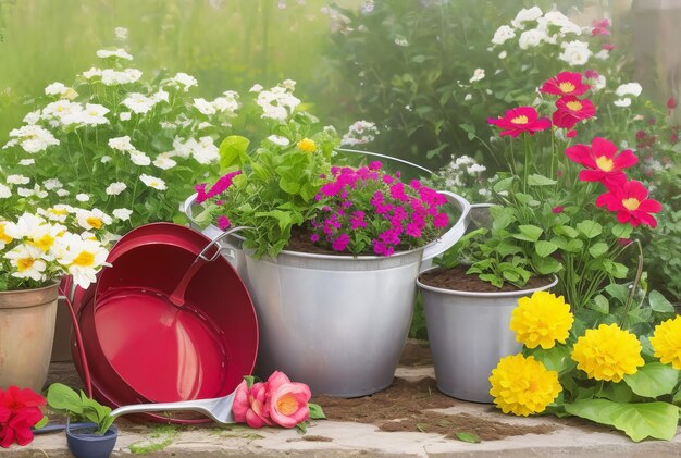 tuingereedschap en planten in de tuin