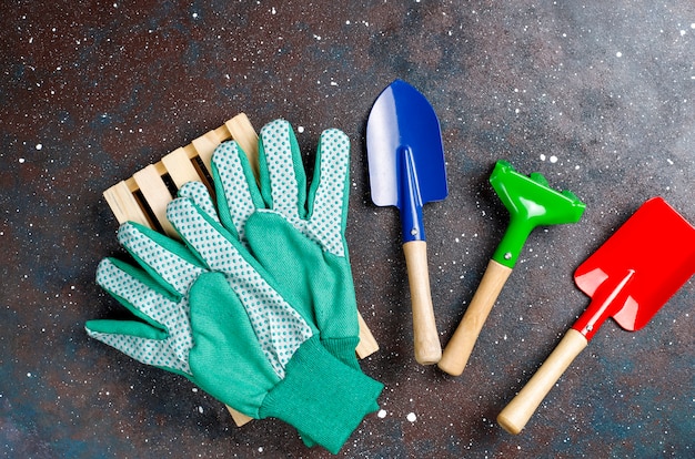 Tuingereedschap op donker met kamerplant en handschoenen, bovenaanzicht