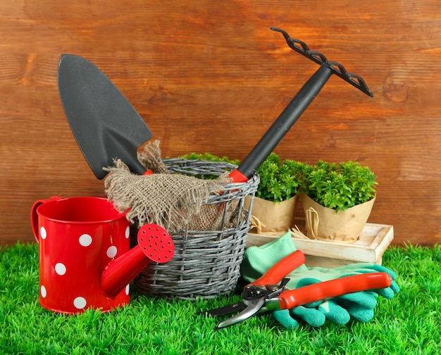 Foto tuingereedschap op gras in de tuin