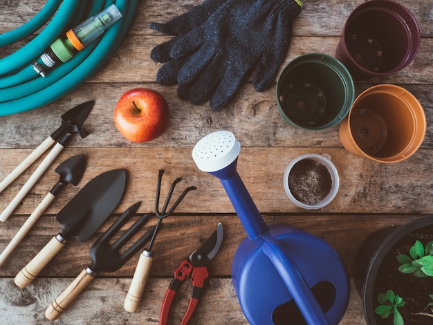 Tuingereedschap op houten achtergrond.