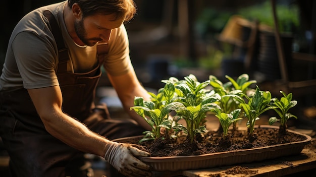 Tuinier die een bloempot vasthoudt