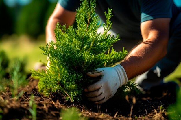 Tuinier die een jonge thuja-boom in de tuin plant