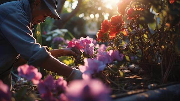 Tuinier heeft de neiging tot levendige bloemen Mooie illustratie foto Generatieve AI