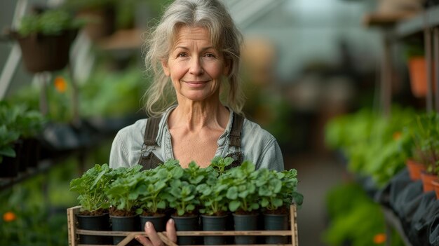 Tuinier vrouw draagt een kist met planten in de kas