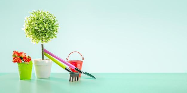 Tuinieren en tuinbouw banner met kopie ruimte groene boom in pot bloemen en tuingereedschap