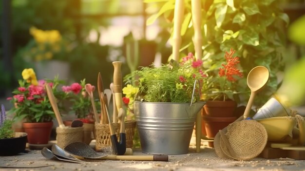 Tuinieren Set Hulpmiddelen Voor Tuinman En Bloempotten In Zonnige Tuin Generatieve Ai