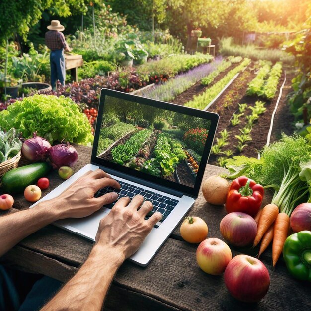 Tuiniers een laptop computer groente en fruit tuin achtergrond generatieve ai illustratie kunst