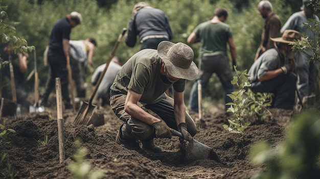 Tuiniers van de gemeenschap planten bomen en voeden de natuur in een levendige groene ruimte