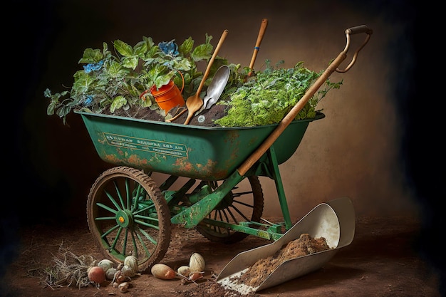 Tuinkruiwagen met aarde en gereedschap voor het planten van groenten en fruit