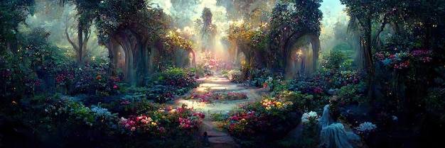 Tuinlandschap, natuur, groen, zomer, plant, bloemen. Digitale afbeelding achtergrond, schilderij