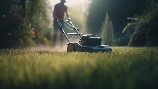 Tuinman maait het gras met een grasmaaier Generative Ai