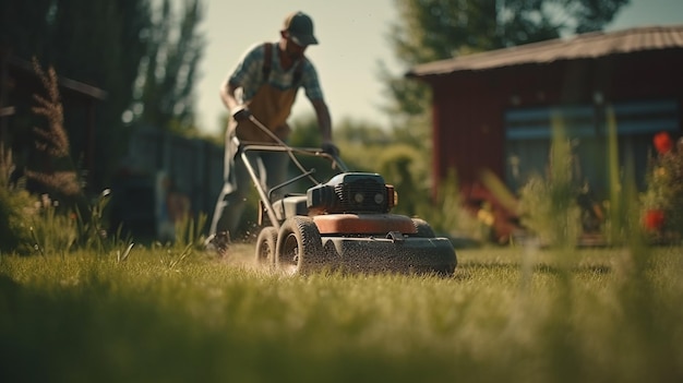 Tuinman maait het gras met een grasmaaier Generative Ai