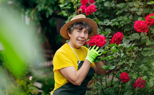 Tuinmanvrouw die in haar tuin werkt Het concept van tuinieren, groeien en zorgen voor bloemen en planten