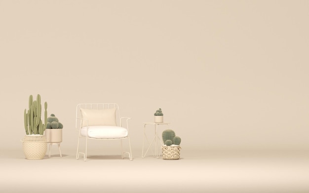 tuinmeubilair met cactuspotstoel buiten in pastelbeige en witte kleur 3d render