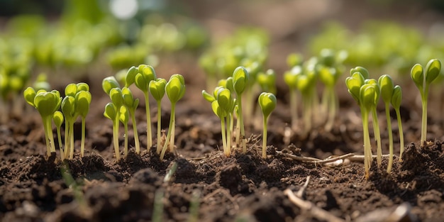 Tuinscène met voorjaarsscheuten van groenten