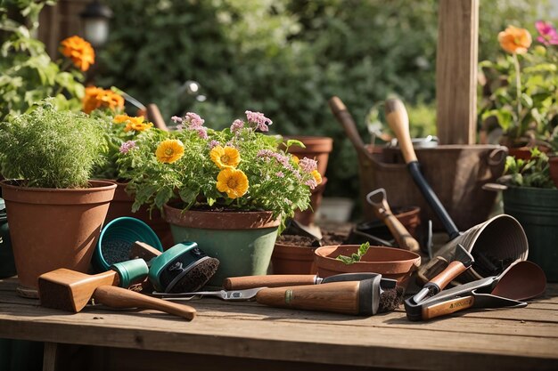 Foto tuinset van gereedschappen voor tuinier en bloempotten in sunny garden