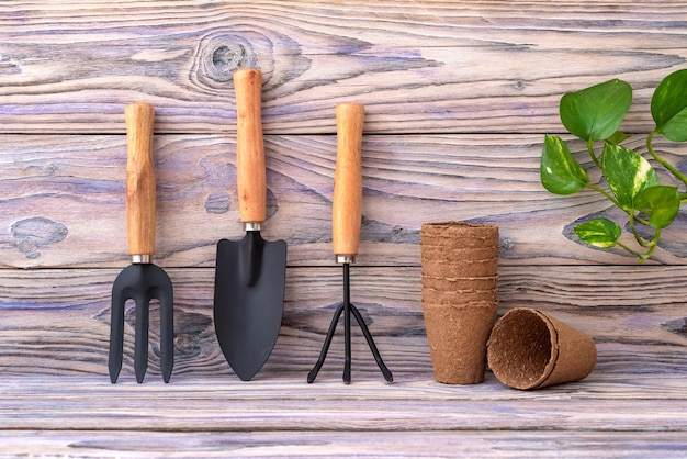 Foto tuinwerktuigen vork, graaf, schop en veenpotten beige houten achtergrond