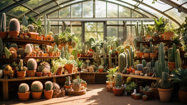 Tuinwinkel industriële kas Verschillende soorten cactussen in verschillende potten