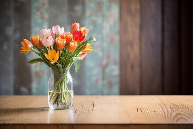 Tulip bouquet arrangement on wooden table