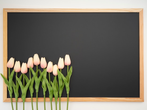 Tulip bouquet placed on the blackboard frame