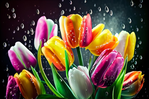 Tulip bouquet with water drops Generative AI Generative AI