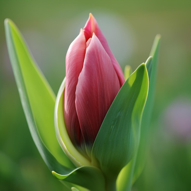 A tulip bud unopened is showcased in a top view against grassy scenery