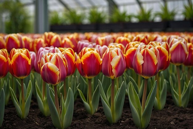 Photo tulip bulbs arranged in rows in a gree