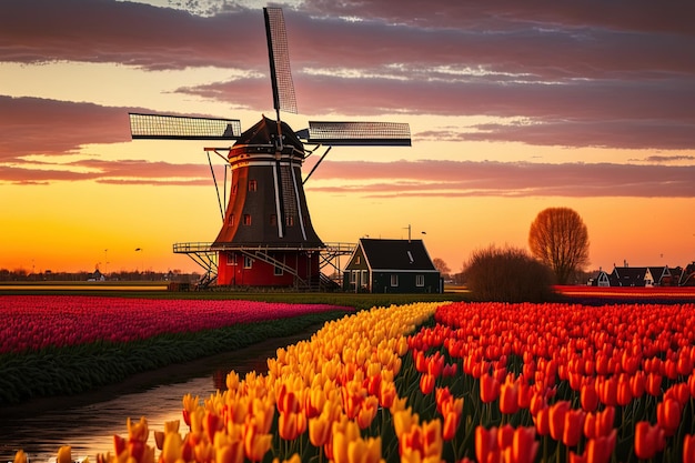 Tulip farm drama in the springtime European country of the Netherlands at sunset