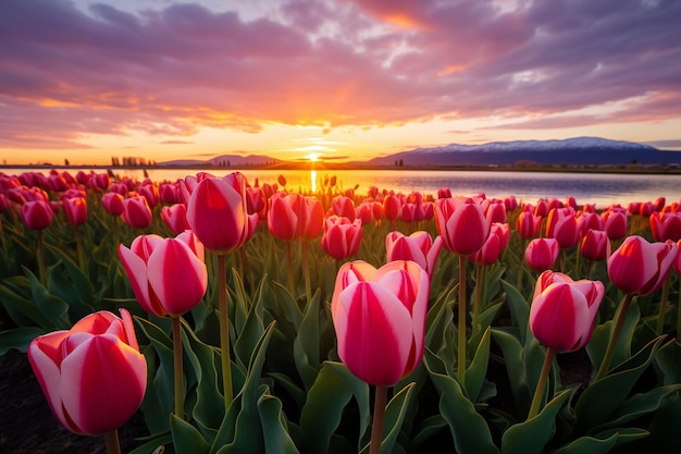 Фото Ландшафт фестиваля тюльпанов на закате